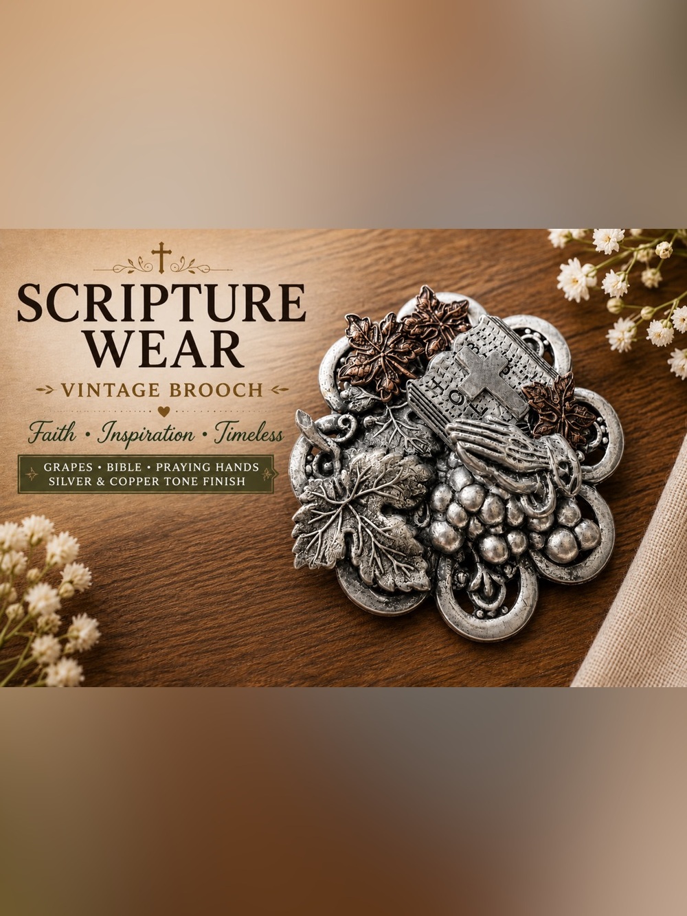 Scripture Wear Vintage Christian Faith Brooch Grapes, Bible & Praying Hands Pin
